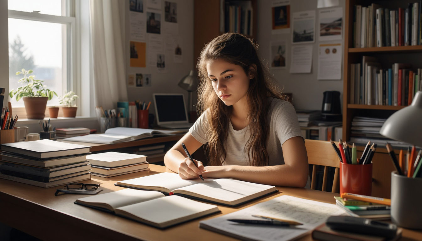 девочка учит уроки